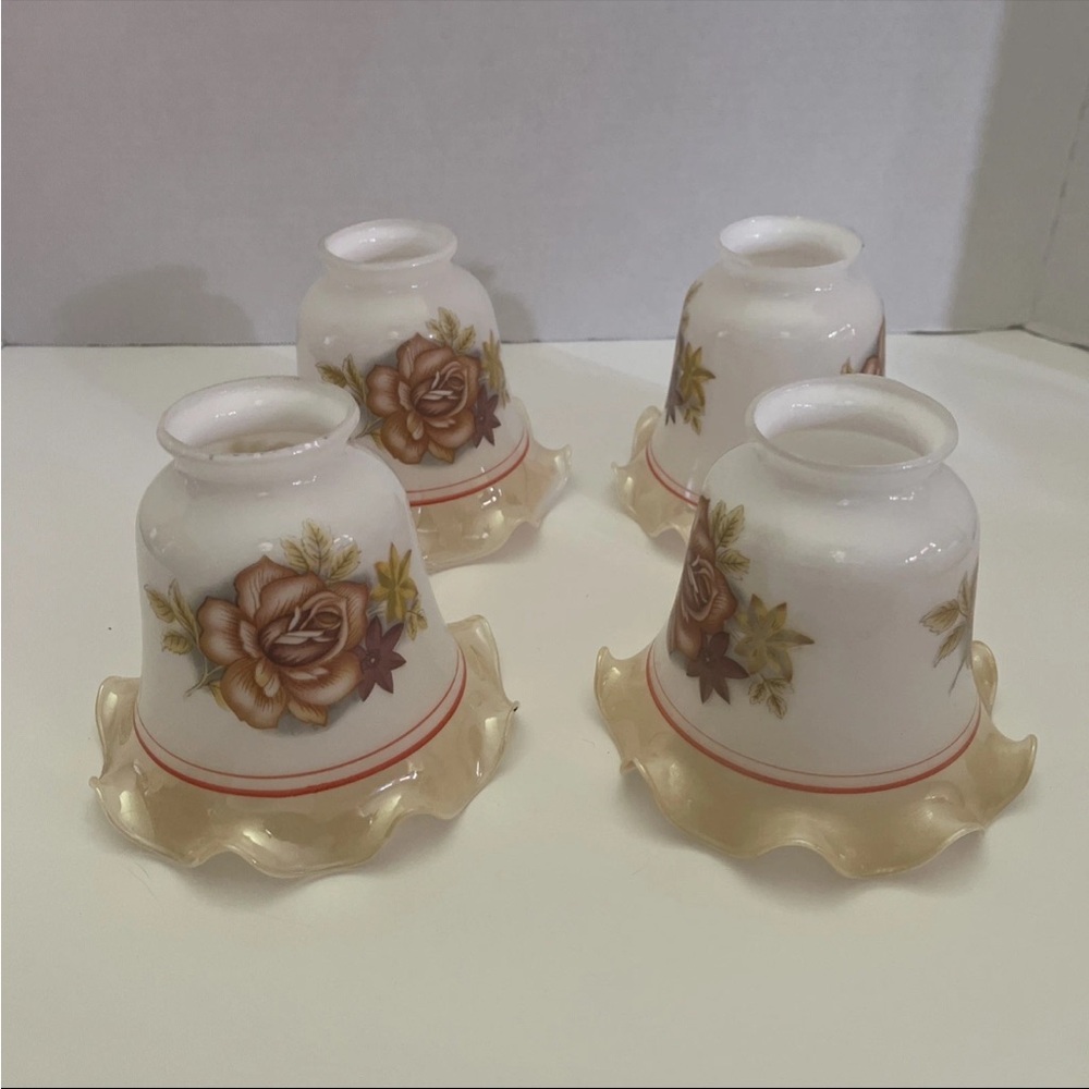 Vintage 70s Gold Brown Rose Glass Ceiling Fan Light Shades Cover Ruffle Edge